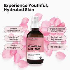 Bruma ligera de Simplified Skin Rose Water Spray en piel limpia tras la limpieza.