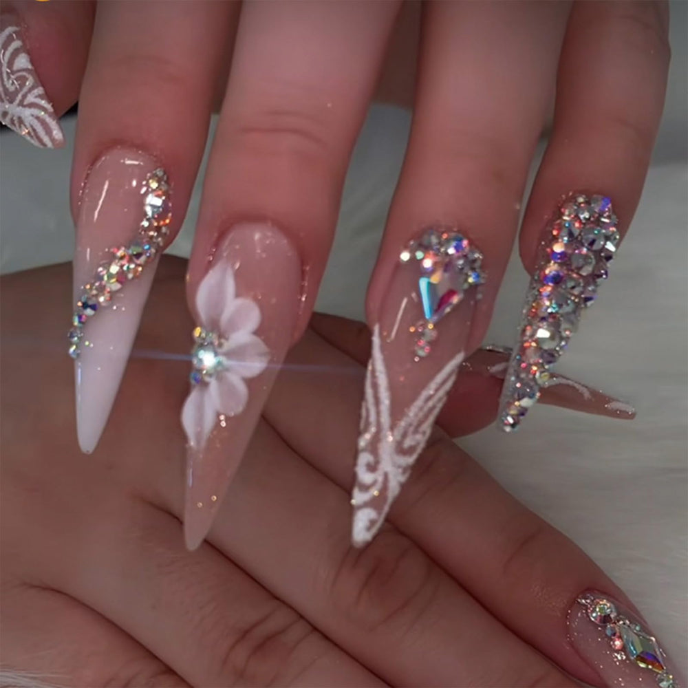 SINHOT stiletto nails with glossy white rhinestones for luxe party-ready nails.