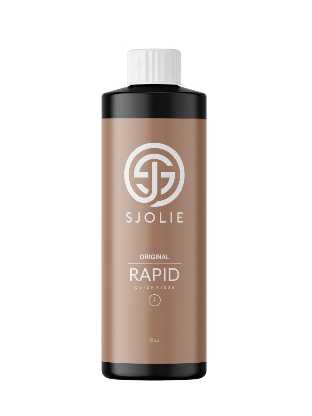 SJOLIE Rapid Spray Tan bottle close-up highlighting olive-base formula for a natural glow