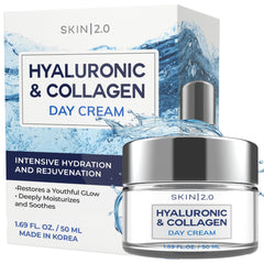 Skin 2.0 acido hialuronico y colageno crema dia en tarro para hidratación profunda.