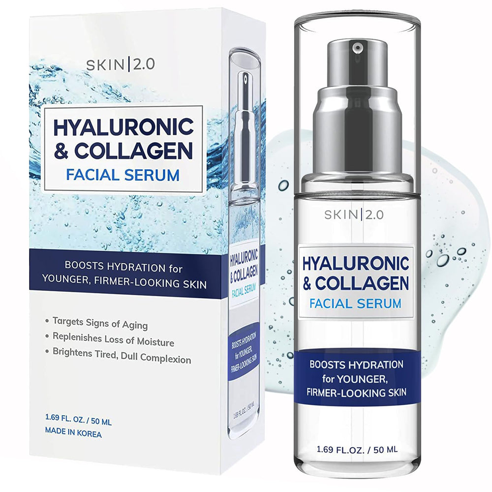 Skin 2.0 suero con ácido hialurónico en bote, hidratación profunda para piel suave.