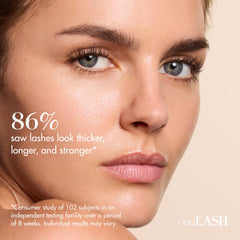 Skin Research Laboratories neuLASH bottle on stand shows vegan-friendly formula for daily lash support.