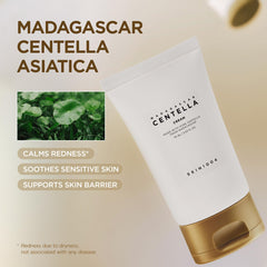 Aplicación de SKIN1004 Madagascar Centella Cream para rostro, sensación cómoda y fresca.