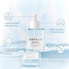 SKIN1004 Hyalu-Cica First Ampoule, enfoque-ingredientes, hialurónico y centella para hidratación suave.