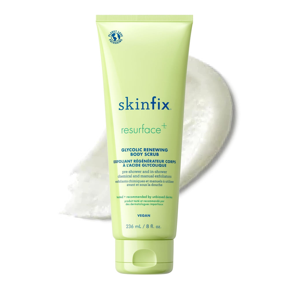 Skinfix Glycolic Renewing Scrub bottle close-up highlighting exfoliating action for smoother skin
