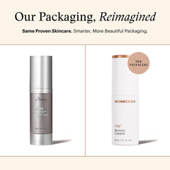 Closeup of SkinMedica TNS Recovery Complex bottle emphasizing exosome-rich formula