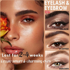 Close-up swatches show natural shades for lashes and brows.