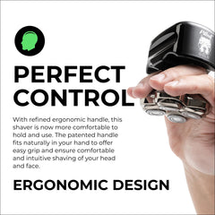Skull Shaver Pitbull Gold Pro GX5 ergonomic grip ensures secure control during precision grooming.