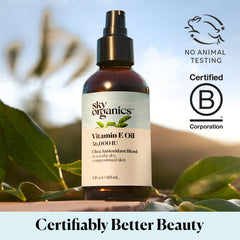 Sky Organics Aceite Vitamina E, etiqueta detallada con información de ingredientes orgánicos.