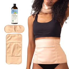 Sky Organics castor oil pack wraps around the waist for comfortable heat therapy.