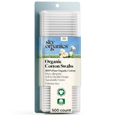 Sky Organics cotton swabs with ultra-soft tips for gentle outer-ear cleansing and makeup touch-ups.