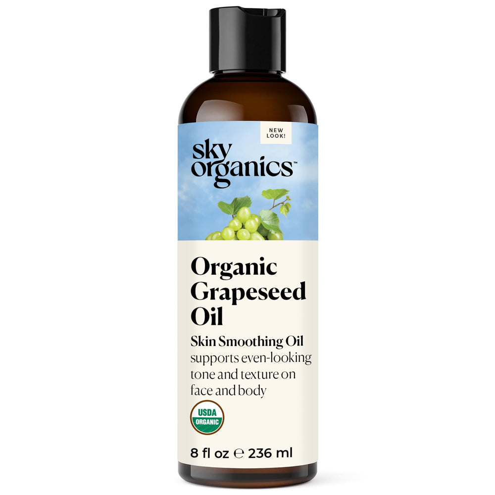 Sky Organics grapeseed oil bottle, lightweight hydration for radiant skin