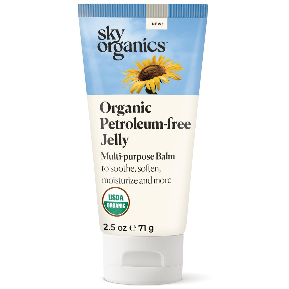 Sky Organics jalea sin petrolato, envase visible, hidratación suave para piel seca.