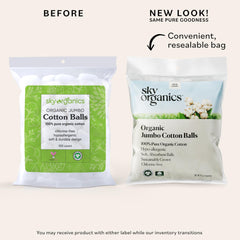 Sky Organics jumbo cotton balls with GOTS certification, chlorine-free for clean skincare.