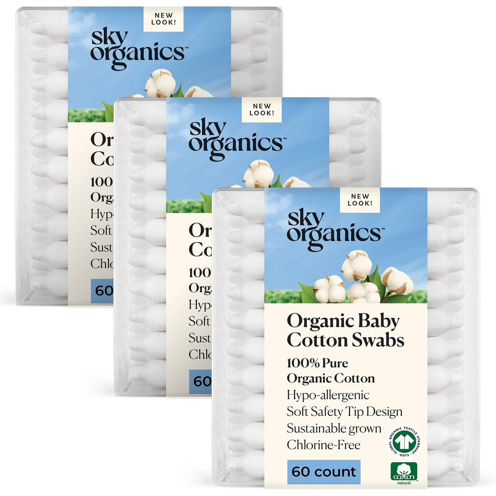 Sky Organics baby cotton swabs packaging with 180 count for gentle care.
