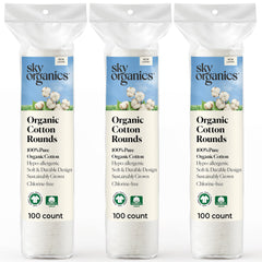 Sky Organics organic cotton rounds packaging, 300-count box, ideal for daily skincare.
