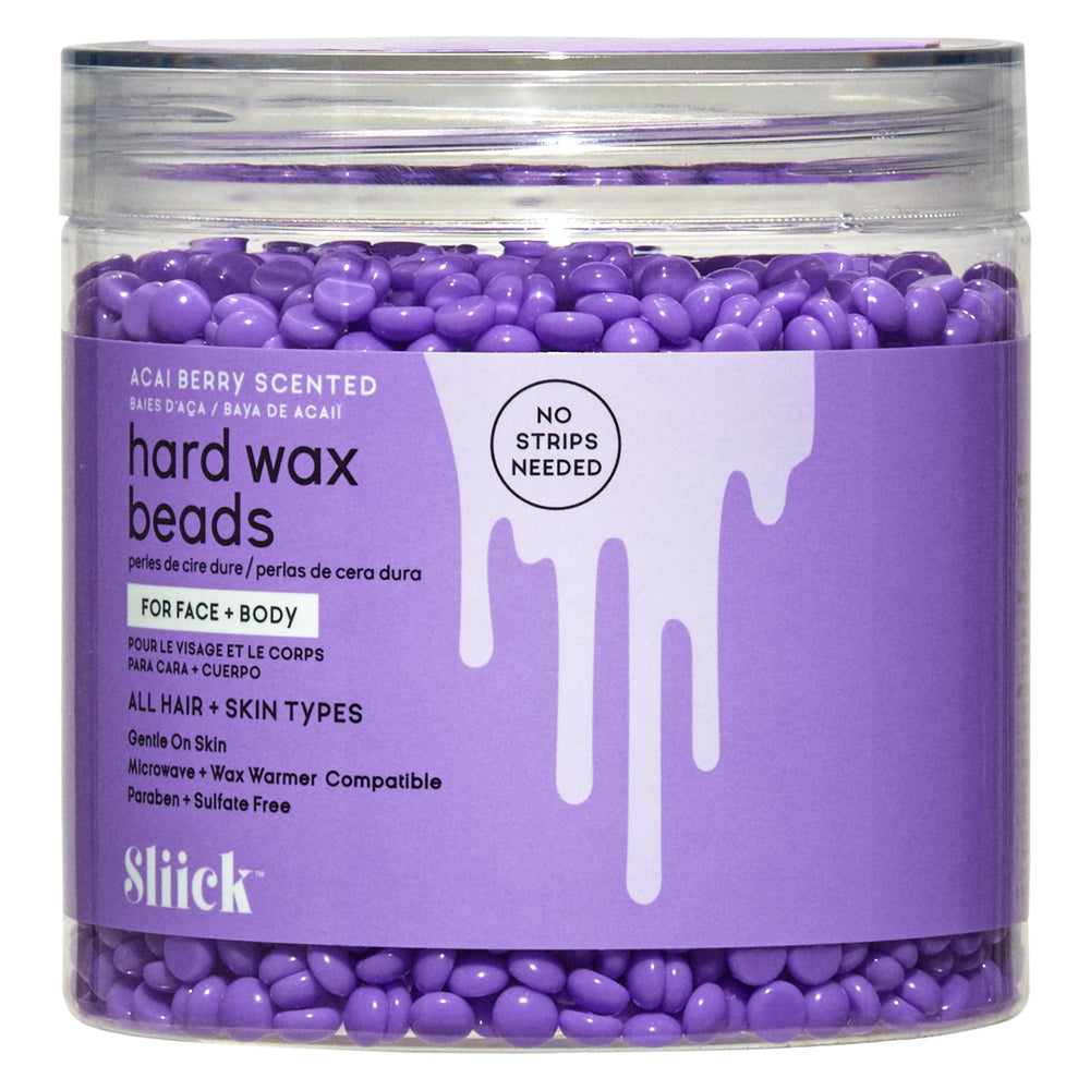 Sliick Acai Berry hard wax beads in jar, gentle on sensitive skin for at-home face and body waxing.