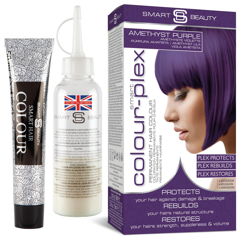 Smart Beauty amethyst purple dye bottle promises bold salon-worthy color