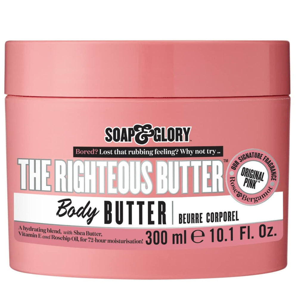 Soap & Glory The Righteous Butter jar close-up highlighting rich moisture for dry skin