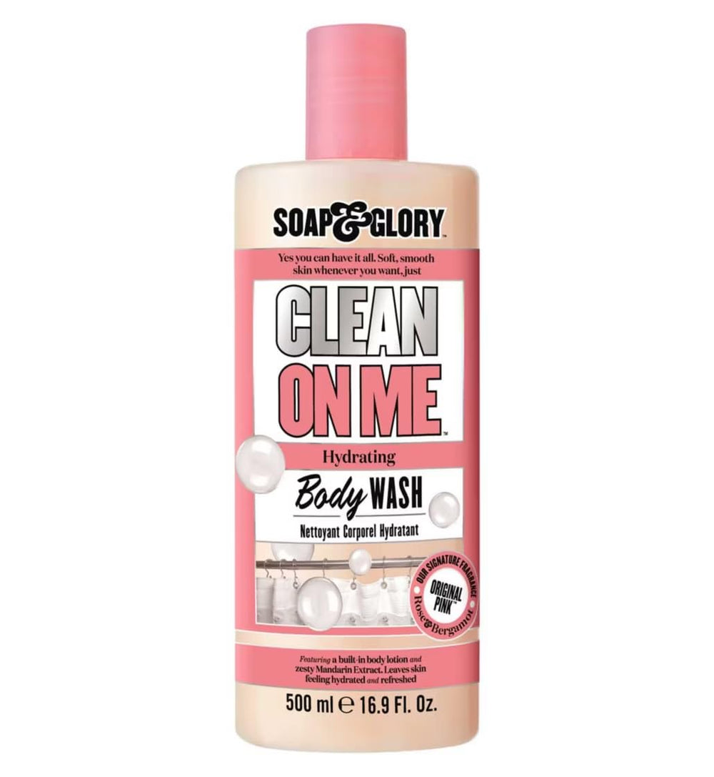 Soap & Glory Gel de Ducha Clean On Me, botella frontal, hidratación suave para uso diario.