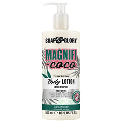 Soap & Glory Magnifi-Coco: botella con dosificador para hidratación duradera.