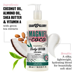 Soap & Glory Magnifi-Coco crema corporal suave sobre la piel limpia.