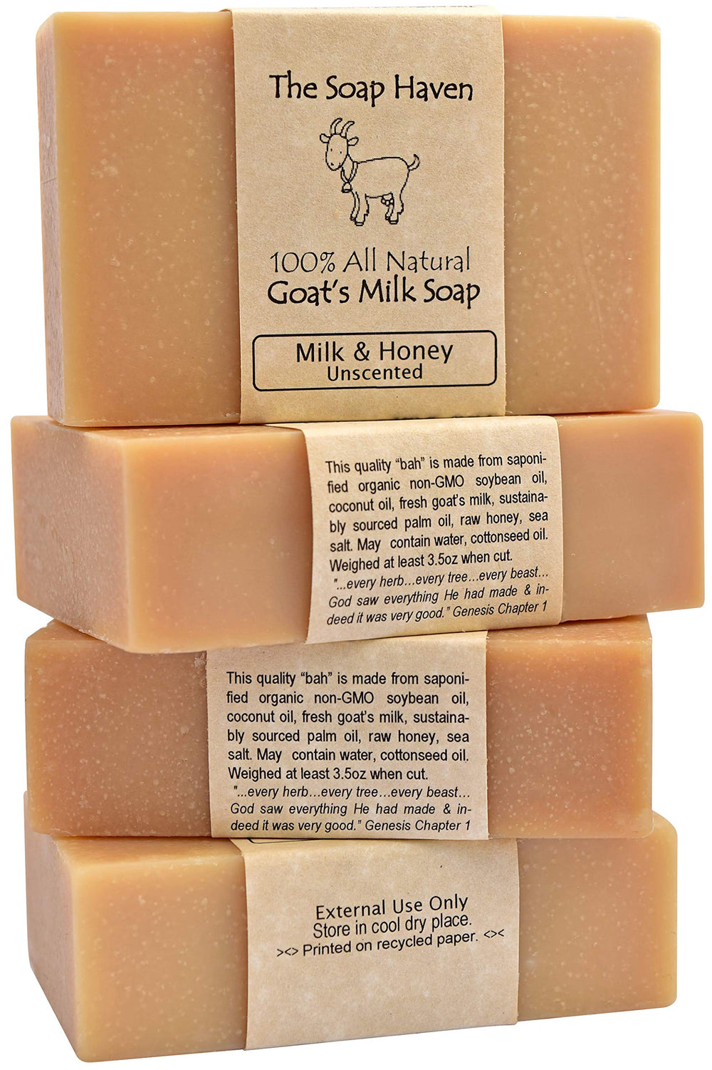 The Soap Haven goat milk honey bar closeup highlights creamy lather for sensitive skin.