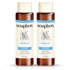 Soapbox Argan Shampoo botella, control suave del frizz y brillo natural.
