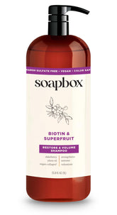 Soapbox Biotin Shampoo bottle with pump for easy application and volume.