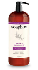 Soapbox Biotin Shampoo bottle with pump for easy application and volume.