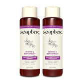 Champú Soapbox Biotina y Superfruta en botella, cabello grueso y sedoso.