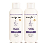 Soapbox gel de baño avena lavanda, botella frontal, hidratación suave para piel seca.