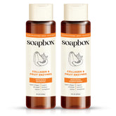 Soapbox champú colágeno frente de botella, cuidado suave para cabello fino y seco.