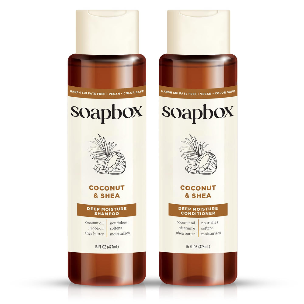 Soapbox Coconut Shampoo bottle delivers creamy lather for daily hydration.