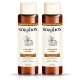 Soapbox Coconut Shampoo bottle delivers creamy lather for daily hydration.