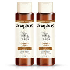 Soapbox Coconut Shampoo bottle delivers creamy lather for daily hydration.