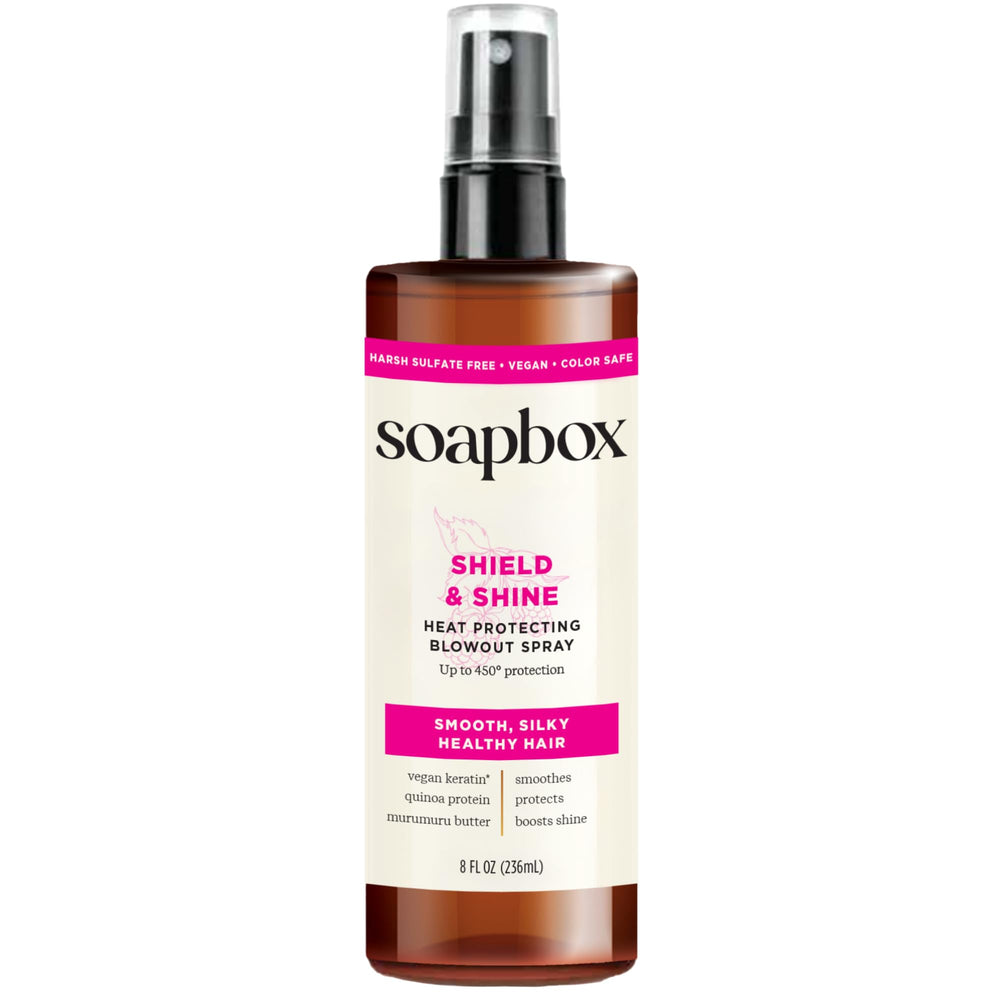Soapbox Heat Protectant Spray bottle ready for a high-heat blowout.