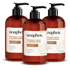 Soapbox liquid hand soap coconut milk and sandalwood pump bottle for gentle daily cleansing.