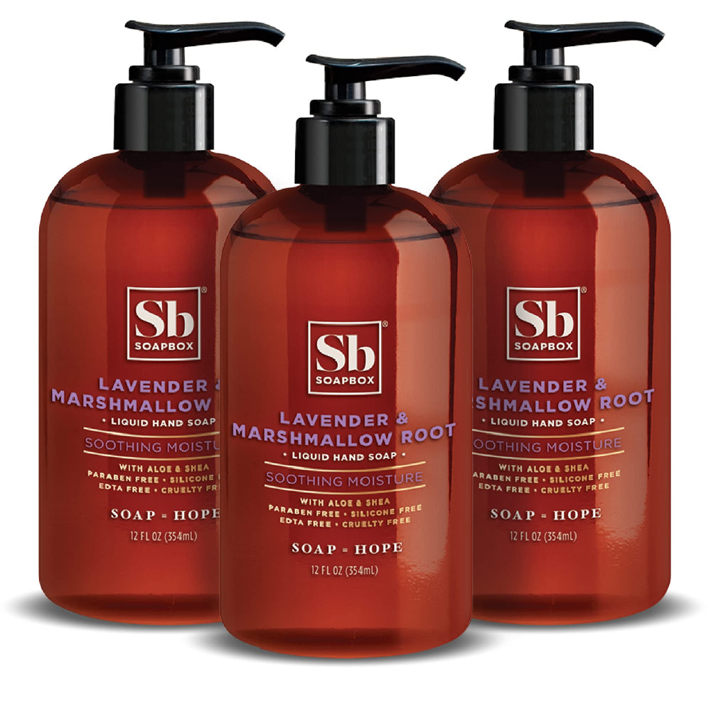 Soapbox liquid hand soap lavender bottle pour highlights calming aroma