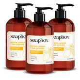 Soapbox Liquid Hand Soap Meyer Lemon Tea Leaves 3-pack bottles with refreshing citrus scent.
