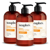 Soapbox Sweet Orange Citrus hand soap pump bottle for gentle daily cleansing.