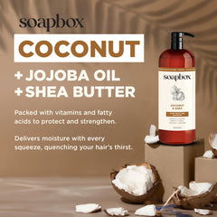 Soapbox shampoo with jojoba oil balances moisture for healthier shine.
