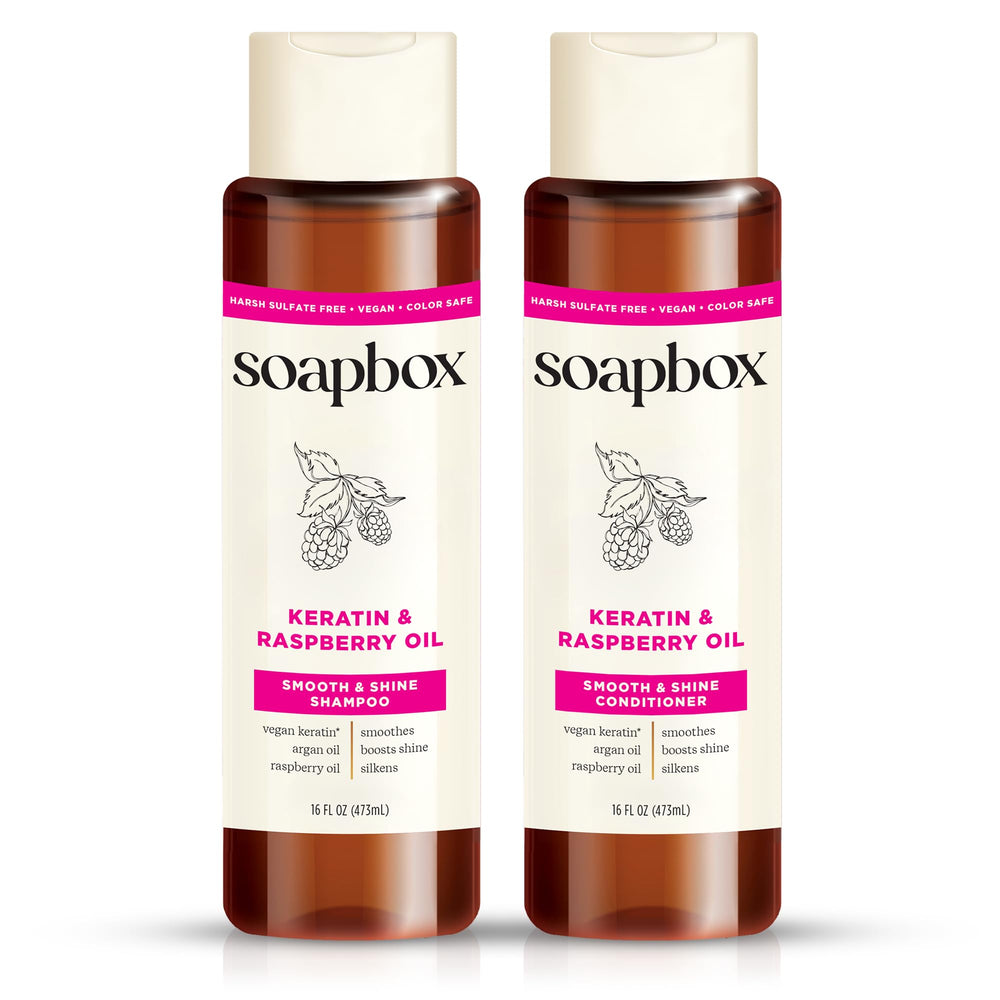 Soapbox Shine Keratin Shampoo bottle for frizz control and smoothness.
