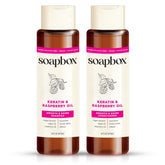 Soapbox Shine Keratin Shampoo bottle for frizz control and smoothness.