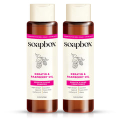 Soapbox Shine Keratin Shampoo bottle for frizz control and smoothness.