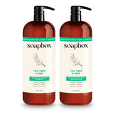 Soapbox Tea Tree Shampoo bottle pour promotes scalp refreshment and purification for daily use.