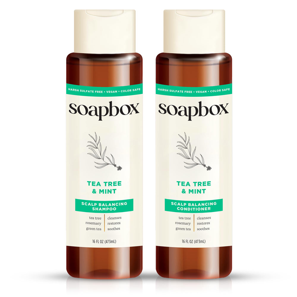 Soapbox Tea Tree Shampoo bottle with refreshing cleanse and minty aroma for all hair types.