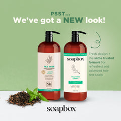 Soapbox Tea Tree Shampoo foamy lather cleanses and purifies scalp.