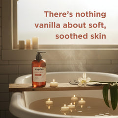 Soapbox Vanilla Bean pump dispenser on sink evokes spa-like daily ritual