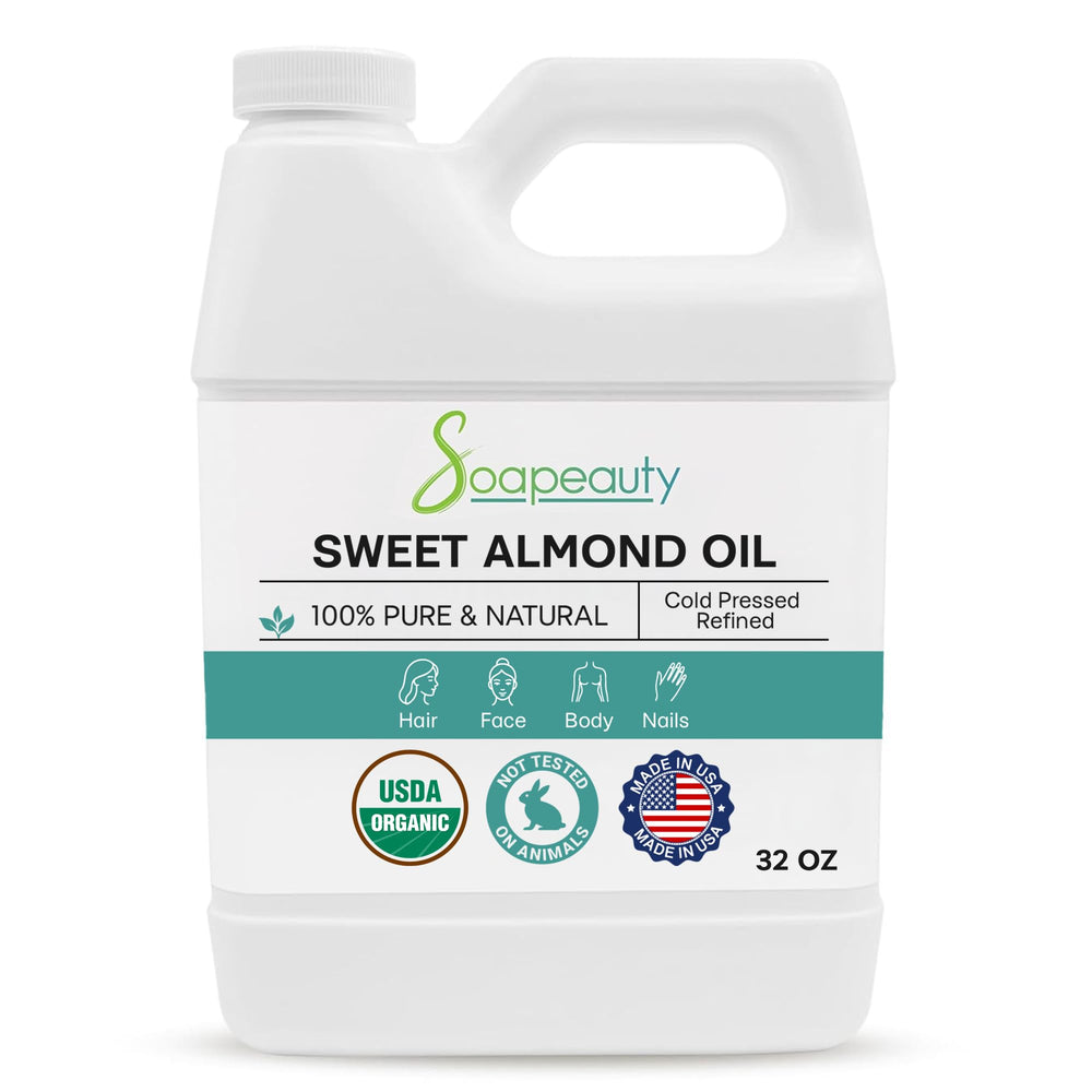 Soapeauty Sweet Almond Oil bottle on counter, ideal for skin and hair care.